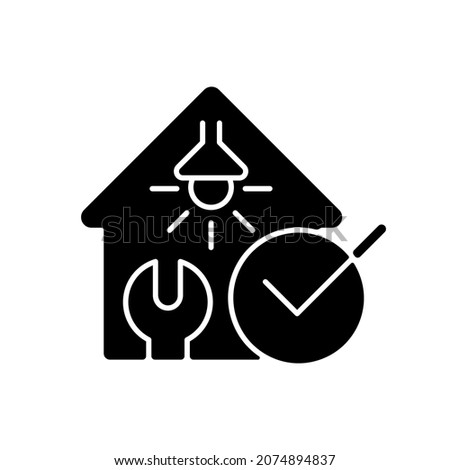 Electrical safety inspection black glyph icon. Examination for electrical wiring damage. Appliances checkup for suitability. Silhouette symbol on white space. Vector isolated illustration