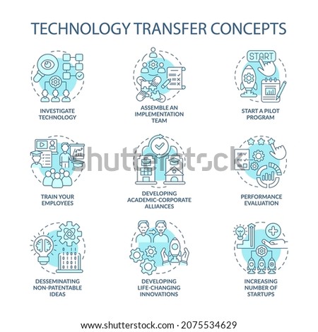 Technology sharing concept icons set. Implement innovative solutions. Corporate collaboration development. idea thin line color illustrations. Vector isolated outline drawings. Editable stroke