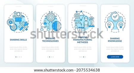 Dissemination methods onboarding mobile app page screen. Sharing knowledge walkthrough 4 steps graphic instructions with concepts. UI, UX, GUI vector template with linear color illustrations