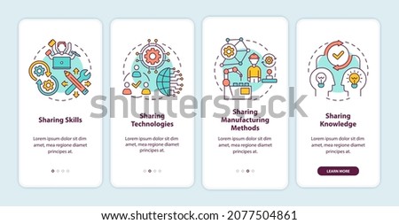 Transfer methods onboarding mobile app page screen. Sharing skills and technologies walkthrough 4 steps graphic instructions with concepts. UI, UX, GUI vector template with linear color illustrations