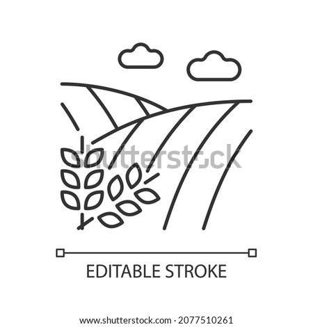 Cropland linear icon. Crops production and harvest. Farming and arable land. Agricultural area. Thin line customizable illustration. Contour symbol. Vector isolated outline drawing. Editable stroke