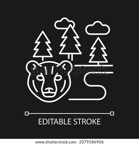 Boreal forest white linear icon for dark theme. Taiga. Evergreen forest. Pine and spruce woodland. Thin line customizable illustration. Isolated vector contour symbol for night mode. Editable stroke