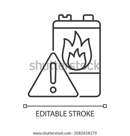 Battery flammability linear icon. Accumulator flash point. Thermal runaway. Fire start risk. Thin line customizable illustration. Contour symbol. Vector isolated outline drawing. Editable stroke