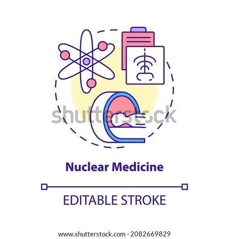 Nuclear medicine concept icon. Nuclear energy usage abstract idea thin line illustration. Using radioactive materials for diseases diagnosis. Vector isolated outline color drawing. Editable stroke