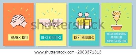 Friendship celebration greeting card with color icon element set. Best buddies. Postcard vector design. Decorative flyer with creative illustration. Notecard with congratulatory message