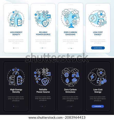 Nuclear power pros onboarding mobile app page screen. Energy density walkthrough 4 steps graphic instructions with concepts. UI, UX, GUI vector template with linear night and day mode illustrations