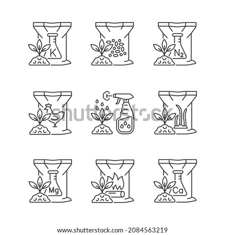Granular fertilizers linear icons set. Dry supplements for soil. Plants growth and thrive increasing. Customizable thin line contour symbols. Isolated vector outline illustrations. Editable stroke Photo stock © 