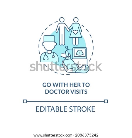 Go with her to doctor visits blue concept icon. Partner support during pregnancy abstract idea thin line illustration. Prenatal care. Vector isolated outline color drawing. Editable stroke