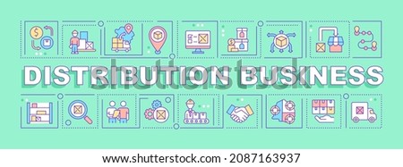 Distribution business word concepts banner. Wholesale company service. Infographics with linear icons on green background. Isolated creative typography. Vector outline color illustration with text