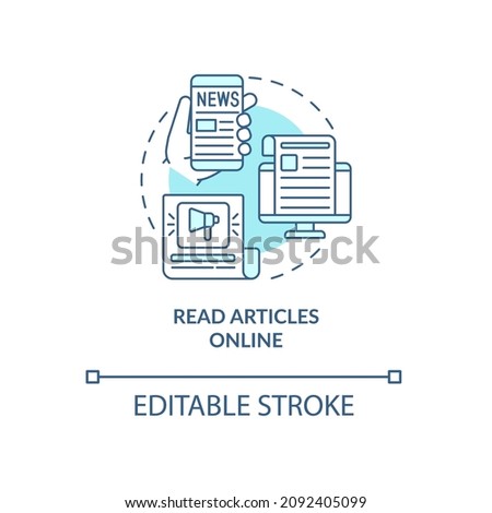 Read articles online turquoise concept icon. Morning news and information abstract idea thin line illustration. Isolated outline drawing. Editable stroke. Roboto-Medium, Myriad Pro-Bold fonts used