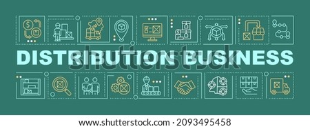 Distribution startup word concepts banner. Wholesale company service. Infographics with linear icons on green background. Isolated creative typography. Vector outline color illustration with text