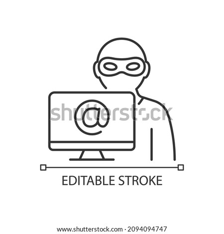 Alias linear icon. Stealing identity online. Malicious activity. Cybercrime. Thin line customizable illustration. Contour symbol. Vector isolated outline drawing. Editable stroke. Arial font used