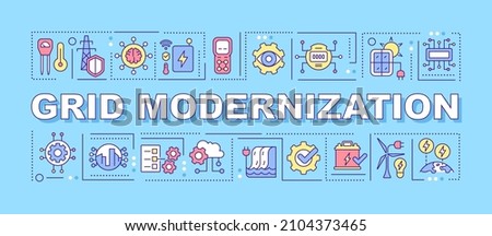 Grid modernization word concepts blue banner. Power system. Infographics with linear icons on background. Isolated typography. Vector color illustration with text. Arial-Black font used