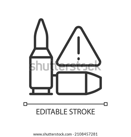 Ammunition smuggling linear icon. Gunrunning and illegal trade. Thin line customizable illustration. Contour symbol. Vector isolated outline drawing. Editable stroke. Pixel perfect. Arial font used