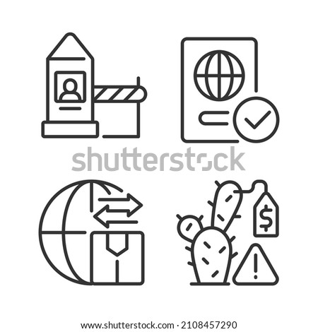 Borders control measures linear icons set. Contraband prevention. Illegal trade. Customizable thin line contour symbols. Isolated vector outline illustrations. Editable stroke. Pixel perfect
