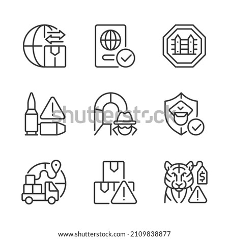 International trading linear icons set. Customs officer. Smuggling tunnel. Customizable thin line contour symbols. Isolated vector outline illustrations. Editable stroke. Pixel perfect
