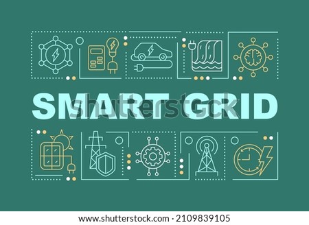 Smart grid word concepts green banner. Energy distribution. Infographics with linear icons on background. Isolated typography. Vector color illustration with text. Arial-Black font used