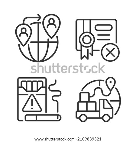 Contraband linear icons set. People smuggling. Cigarettes illegal trading. Customizable thin line contour symbols. Isolated vector outline illustrations. Editable stroke. Pixel perfect
