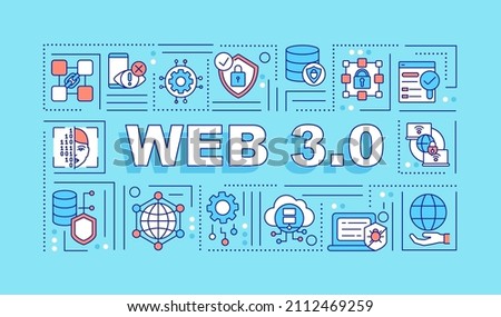 Web 3 0 word concepts turquoise banner. Low code platform. Infographics with linear icons on background. Isolated typography. Vector color illustration with text. Arial-Black font used
