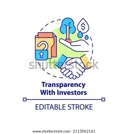 Transparency with investors concept icon. Open financial information abstract idea thin line illustration. Isolated outline drawing. Editable stroke. Roboto-Medium, Myriad Pro-Bold fonts used