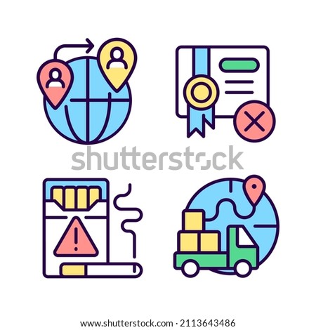 Contraband RGB color icons set. People smuggling. Cigarettes illegal trading. Import restrictions. Isolated vector illustrations. Simple filled line drawings collection. Editable stroke. Pixel perfect