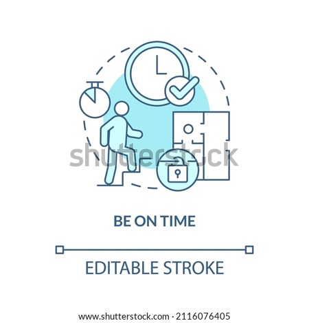 Be on time turquoise concept icon. Escape room strategy abstract idea thin line illustration. Arriving at right time. Isolated outline drawing. Editable stroke. Arial, Myriad Pro-Bold fonts used