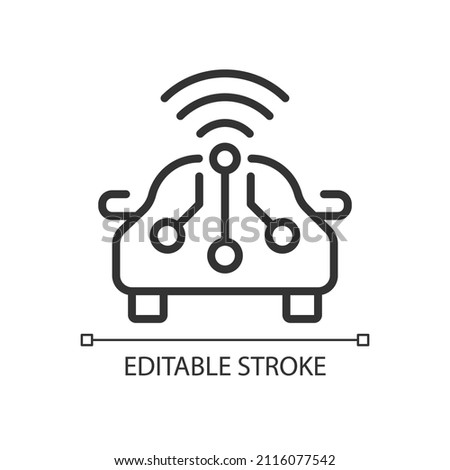 Smart car pixel perfect linear icon. Remote access to automobile control. Internet of Things. Thin line illustration. Contour symbol. Vector outline drawing. Editable stroke. Arial font used