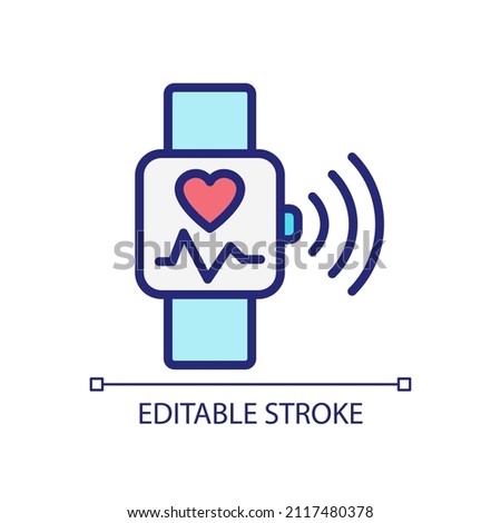 Heart rate monitoring pixel perfect RGB color icon. Pulse control on smart watch app. Internet of Things. Isolated vector illustration. Simple filled line drawing. Editable stroke. Arial font used