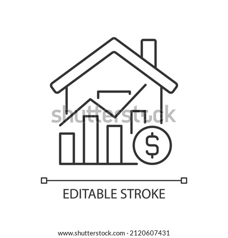 House market prices linear icon. Realty price increasing. Real estate purchasing. Property sale. Thin line illustration. Contour symbol. Vector outline drawing. Editable stroke. Arial font used