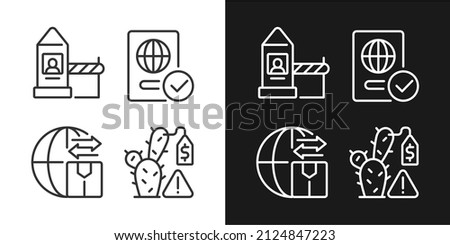 Borders control measures linear icons set for dark and light mode. Contraband prohibition. Customizable thin line symbols. Isolated vector outline illustrations. Editable stroke. Pixel perfect