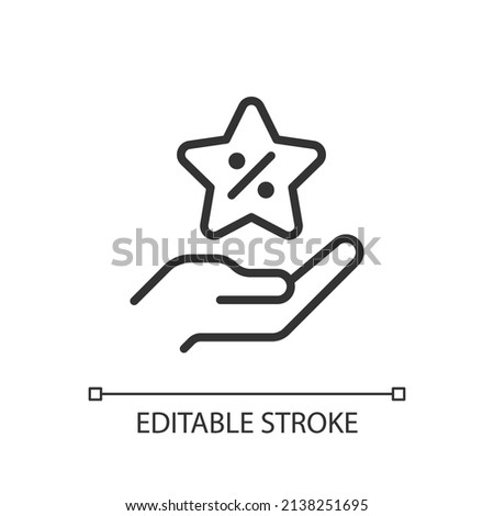 Bonus discount pixel perfect linear icon. Percentage discount. Holiday specials. Price decreasing. Thin line illustration. Contour symbol. Vector outline drawing. Editable stroke. Arial font used