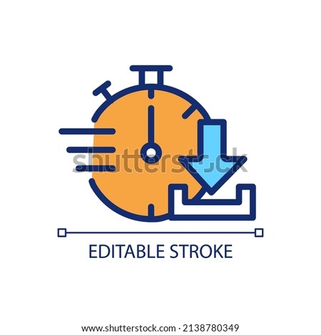 Quick download pixel perfect RGB color icon. Data transferring. Digital files receiving from remote system. Isolated vector illustration. Simple filled line drawing. Editable stroke. Arial font used