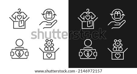 Donating used goods pixel perfect linear icons set for dark, light mode. Second hand clothes. Charitable group. Thin line symbols for night, day theme. Isolated illustrations. Editable stroke