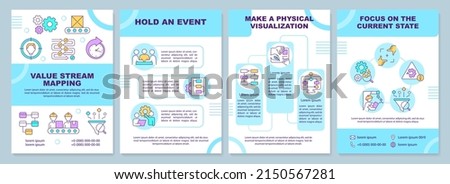 Value stream mapping brochure template. Lean manufacturing. Leaflet design with linear icons. 4 vector layouts for presentation, annual reports. Arial-Black, Myriad Pro-Regular fonts use