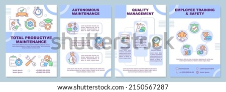 Total productive maintenance brochure template. Equipment improvement. Leaflet design with linear icons. 4 vector layouts for presentation, annual reports. Arial-Black, Myriad Pro-Regular fonts use