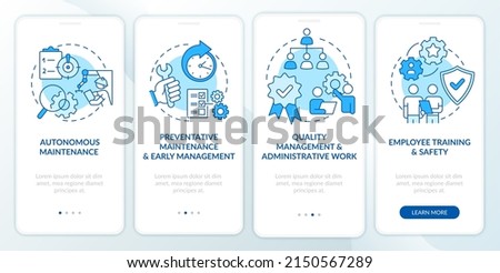 Total productive maintenance blue onboarding mobile app screen. Walkthrough 4 steps graphic instructions pages with linear concepts. UI, UX, GUI template. Myriad Pro-Bold, Regular fonts used