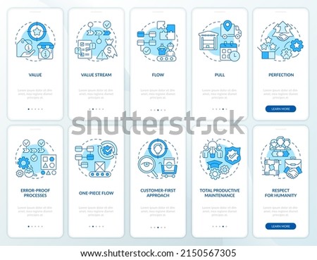 Lean manufacturing blue onboarding mobile app screen set. Walkthrough 5 steps graphic instructions pages with linear concepts. UI, UX, GUI template. Myriad Pro-Bold, Regular fonts used
