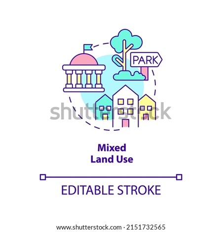 Mixed land use concept icon. Creating eco-friendly cities abstract idea thin line illustration. Public space and landscape. Isolated outline drawing. Editable stroke. Arial, Myriad Pro-Bold fonts used