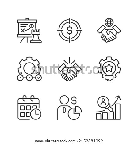 Business activities pixel perfect linear icons set. Strategic management. Customizable thin line symbols. Isolated vector outline illustrations. Editable stroke. Montserrat Bold, Light fonts used