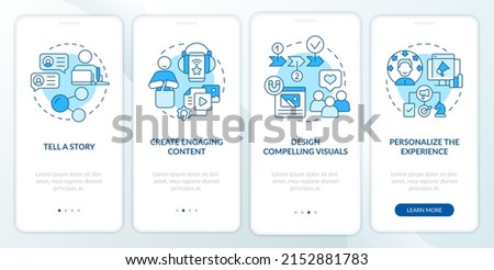 Customer attention span blue onboarding mobile app screen. Walkthrough 4 steps graphic instructions pages with linear concepts. UI, UX, GUI template. Myriad Pro-Bold, Regular fonts used