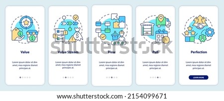 Lean manufacturing key principles onboarding mobile app screen. Walkthrough 5 steps graphic instructions pages with linear concepts. UI, UX, GUI template. Myriad Pro-Bold, Regular fonts used