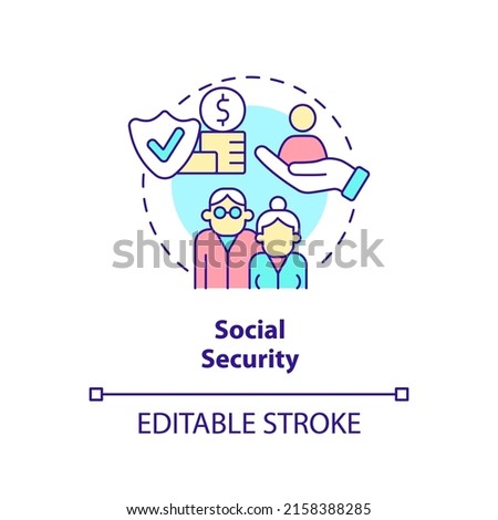 Social security concept icon. Retirement income and insurance. Expenditures abstract idea thin line illustration. Isolated outline drawing. Editable stroke. Arial, Myriad Pro-Bold fonts used