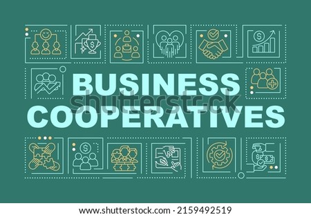 Business co-ops word concepts dark green banner. Company management. Infographics with icons on color background. Isolated typography. Vector illustration with text. Arial-Black font used