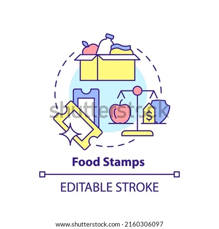 Food stamps concept icon. Low income people support. Government benefit abstract idea thin line illustration. Isolated outline drawing. Editable stroke. Arial, Myriad Pro-Bold fonts used
