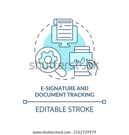E-signature and document tracking turquoise concept icon. Sales tool abstract idea thin line illustration. Legal status. Isolated outline drawing. Editable stroke. Arial, Myriad Pro-Bold fonts used