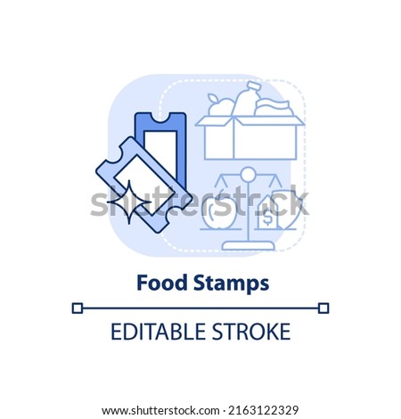 Food stamps light blue concept icon. Low income people support. Government benefit abstract idea thin line illustration. Isolated outline drawing. Editable stroke. Arial, Myriad Pro-Bold fonts used