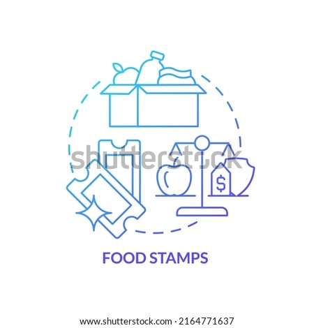 Food stamps blue gradient concept icon. Low income people support. Government benefit and help abstract idea thin line illustration. Isolated outline drawing. Myriad Pro-Bold font used