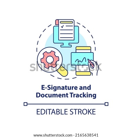 E-signature and document tracking concept icon. Sales tool abstract idea thin line illustration. Legal status. Isolated outline drawing. Editable stroke. Arial, Myriad Pro-Bold fonts used