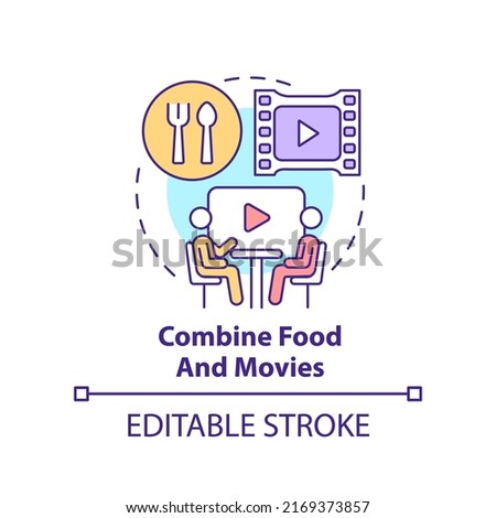 Combine food and movies concept icon. Making restaurant trendy abstract idea thin line illustration. Dine-in movie theater. Isolated outline drawing. Editable stroke. Arial, Myriad Pro-Bold fonts used