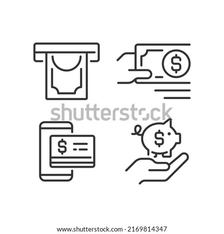 Managing business finances pixel perfect linear icons set. Money withdrawal. Payment in cash. Contactless pay. Customizable thin line symbols. Isolated vector outline illustrations. Editable stroke